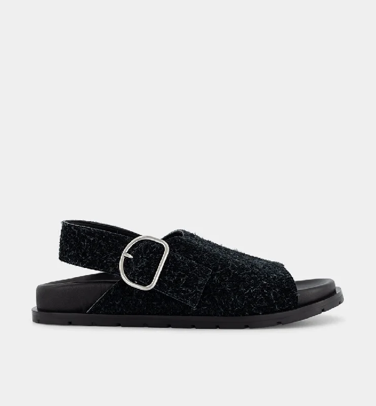 Jana Buckle Slide | Black Shag Suede