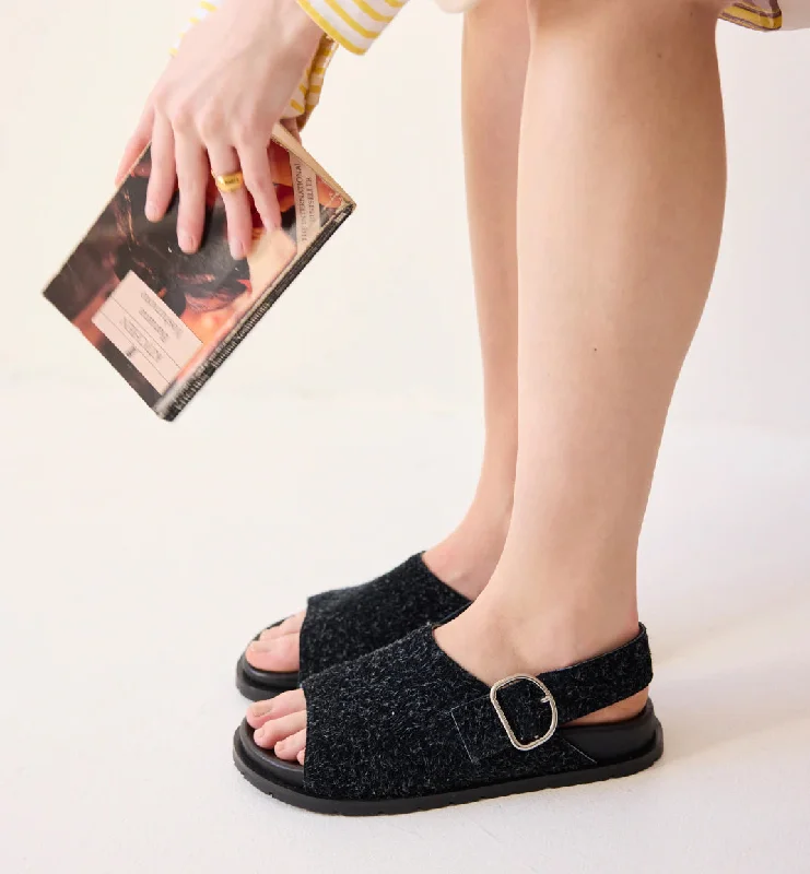 Jana Buckle Slide | Black Shag Suede