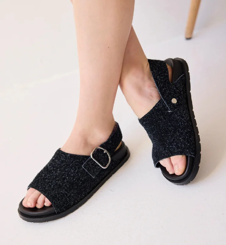 Jana Buckle Slide | Black Shag Suede